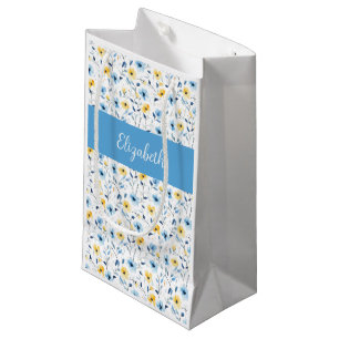 Blue Yellow Wildflower Watercolor Monogram Small Gift Bag