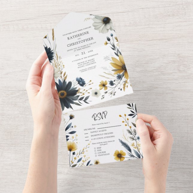 Blue Yellow Wildflowers Elegant Floral Wedding All In One Invitation (Tearaway)