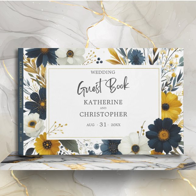 Blue Yellow Wildflowers Elegant Wedding Guest Book (Blue Gold Wildflower Floral Wedding Guest Book)