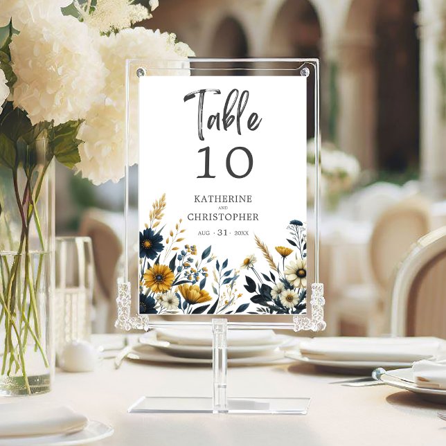 Blue Yellow Wildflowers Elegant Wedding Table Number (Blue Yellow Wildflowers Elegant Wedding Table Number.)