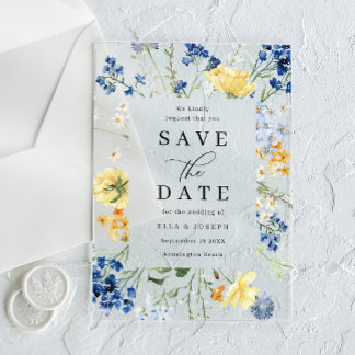 Blue & Yellow Wildflowers Wedding Save The Date Acrylic Invitations