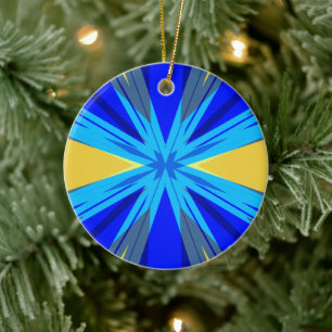 Blue Yellow Winter Christmas Xmas Star Starburst Ceramic Tree Decoration