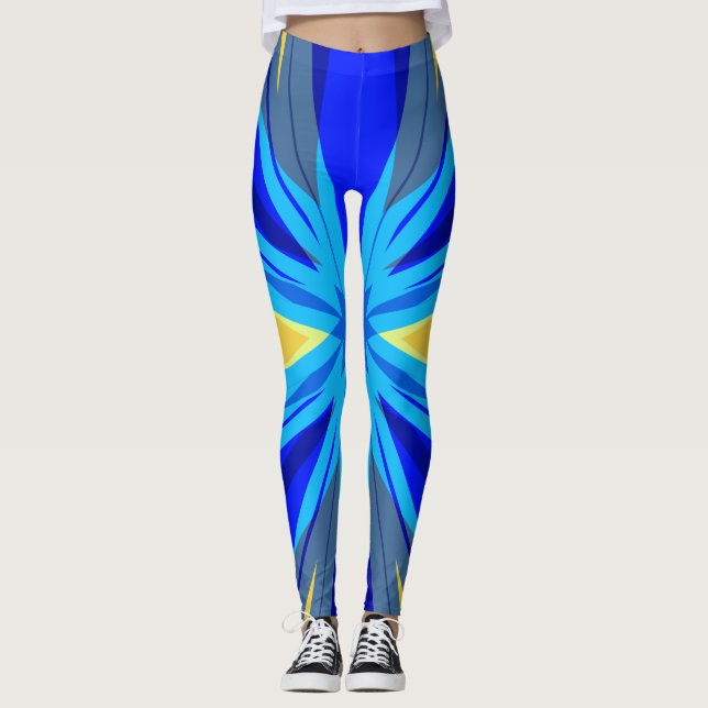 Blue Yellow Winter Christmas Xmas Star Starburst Leggings (Front)
