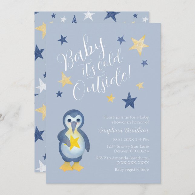 Blue Yellow Winter Penguin Baby Shower Invitation (Front/Back)