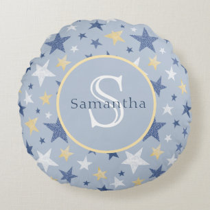 Blue & Yellow Winter Stars Personalised Monogram Round Cushion