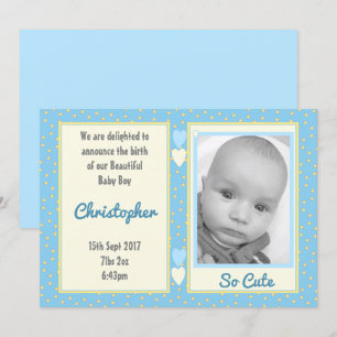 Blue yellow with dots birth details and baby photo invitation