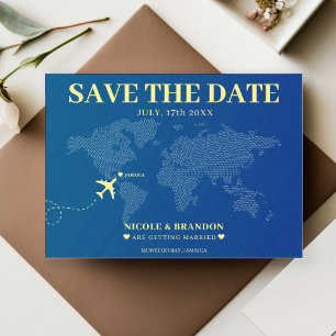 Blue & Yellow World Map Destination Wedding Save The Date