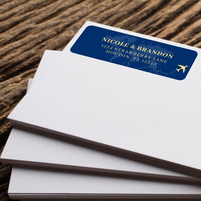 Blue & Yellow World Map Plane Destination Wedding (Blue & Yellow World Map Plane Destination Wedding Label)