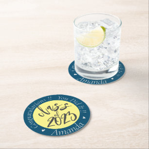 Blue Yellow You Did It Class of 2023 Graduation Round Paper Coaster