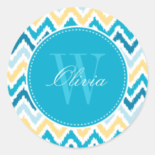 Blue Yellow Zigzag Ikat Pattern Monogram Classic Round Sticker