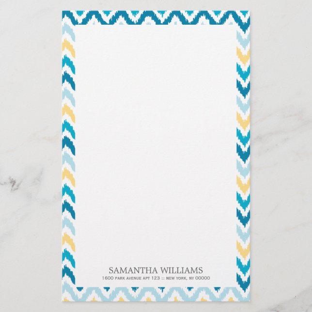 Blue Yellow Zigzag Ikat Pattern Stationery (Front)