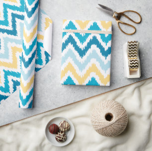 Blue Yellow Zigzags Ikat Pattern Wrapping Paper