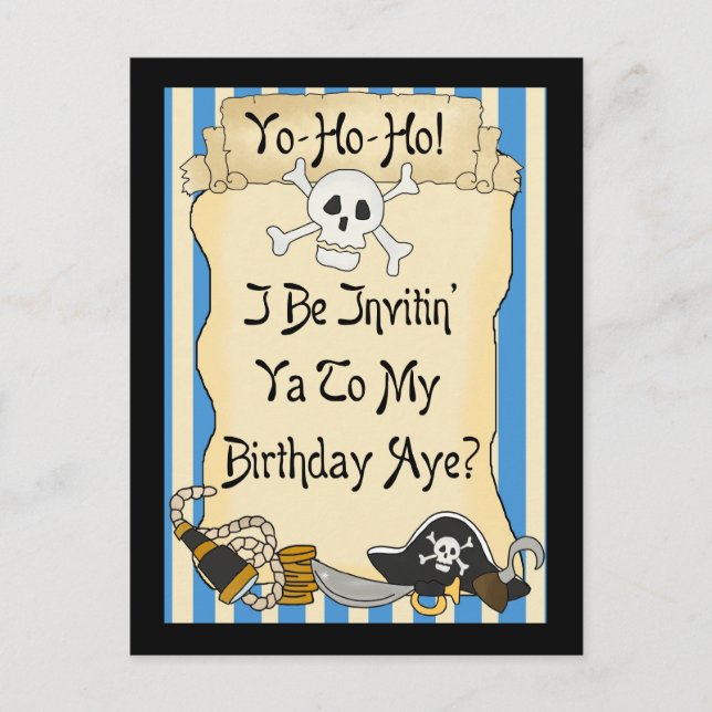 Blue Yo Ho Ho Pirate Birthday Invites (Front)