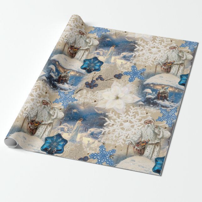 Blue Yuletide Fantasy Wrapping Paper (Unrolled)