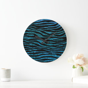 Blue Zebra, Glitter Zebra, Zebra Print, Stripes Large Clock