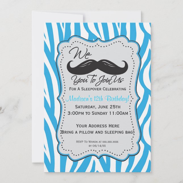 Blue Zebra Moustache Sleepover Party! Invitation (Front)
