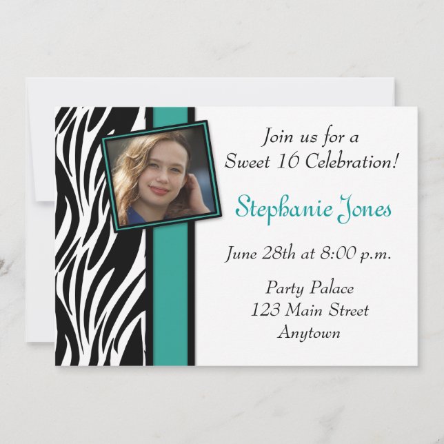 Blue Zebra Pattern Photo Invitation (Front)