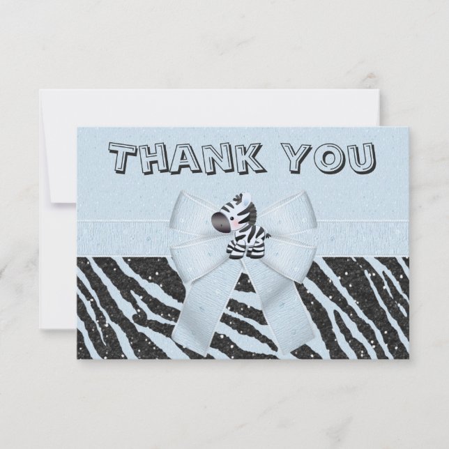 Blue Zebra & Printed Bow Glitter Look Thank You Card (Front)
