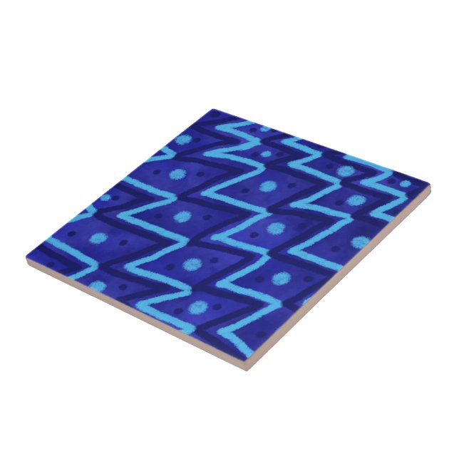 Blue Zig Zags Dots Funky Pattern  Tile (Side)