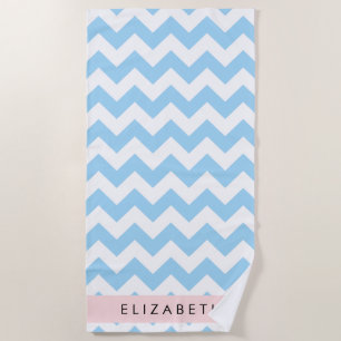 Blue Zigzag, Blue Chevron, Wave Pattern, Your Name Beach Towel