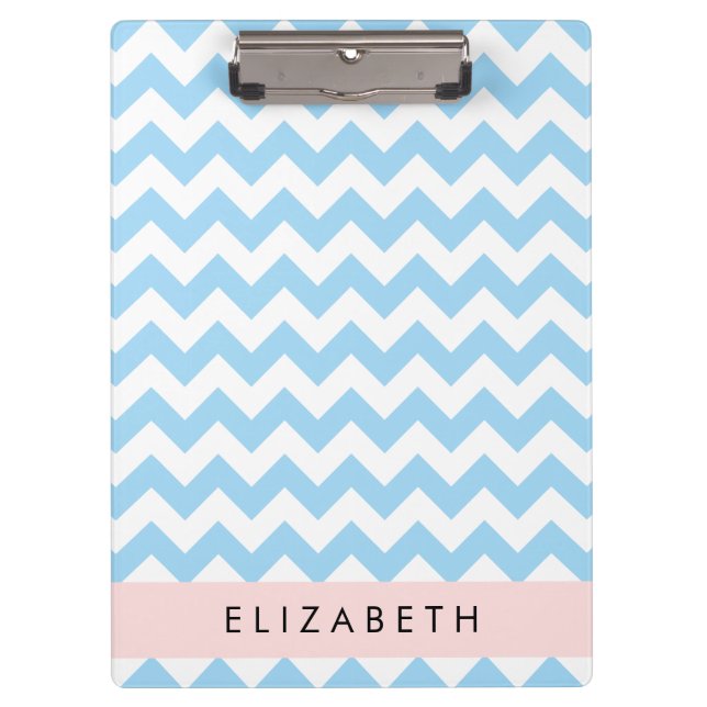 Blue Zigzag, Blue Chevron, Wave Pattern, Your Name Clipboard (Front)