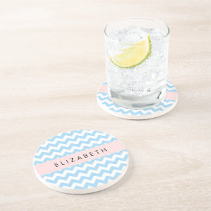 Blue Zigzag, Blue Chevron, Wave Pattern, Your Name Coaster