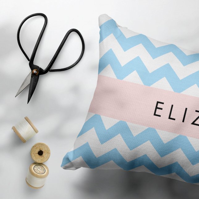 Blue Zigzag, Blue Chevron, Wave Pattern, Your Name Decorative Cushion (Creator Uploaded)