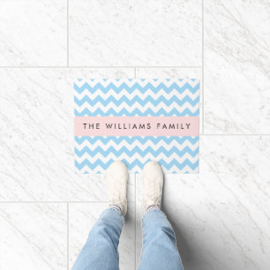 Blue Zigzag, Blue Chevron, Wave Pattern, Your Name Doormat