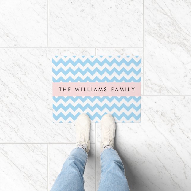 Blue Zigzag, Blue Chevron, Wave Pattern, Your Name Doormat (Indoor)