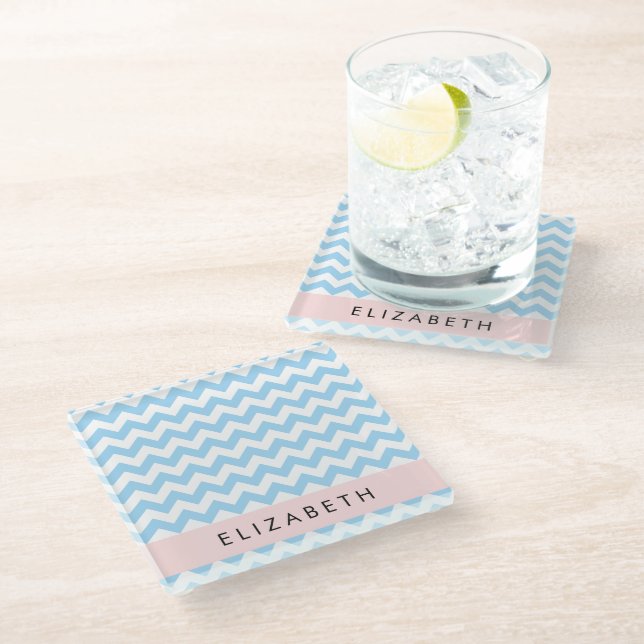 Blue Zigzag, Blue Chevron, Wave Pattern, Your Name Glass Coaster (Angled)