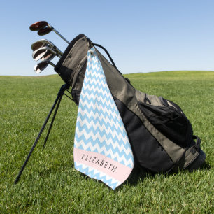 Blue Zigzag, Blue Chevron, Wave Pattern, Your Name Golf Towel