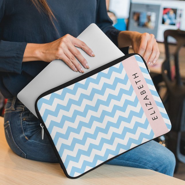 Blue Zigzag, Blue Chevron, Wave Pattern, Your Name Laptop Sleeve (Creator Uploaded)