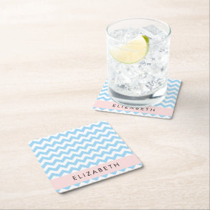 Blue Zigzag, Blue Chevron, Wave Pattern, Your Name Square Paper Coaster