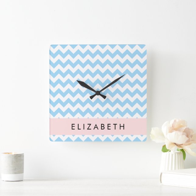 Blue Zigzag, Blue Chevron, Wave Pattern, Your Name Square Wall Clock (Home)