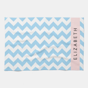 Blue Zigzag, Blue Chevron, Wave Pattern, Your Name Tea Towel
