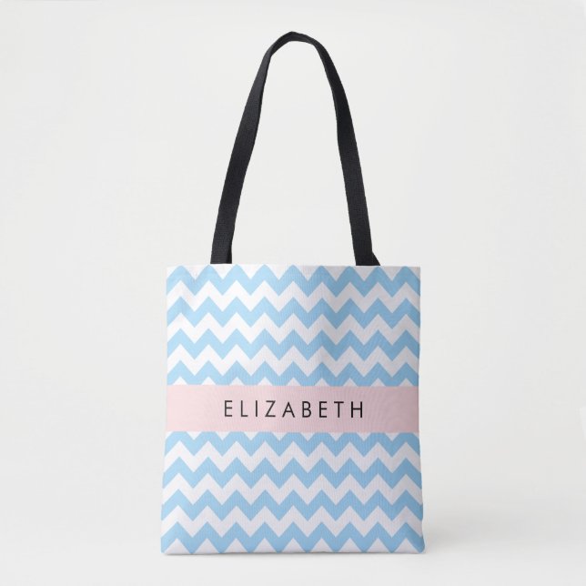 Blue Zigzag, Blue Chevron, Wave Pattern, Your Name Tote Bag (Front)
