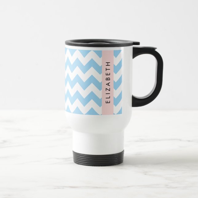 Blue Zigzag, Blue Chevron, Wave Pattern, Your Name Travel Mug (Right)