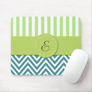 Blue Zigzag, Chevron, Green Stripes, Monogram Mouse Pad