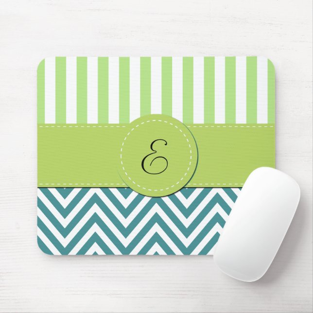 Blue Zigzag, Chevron, Green Stripes, Monogram Mouse Pad (With Mouse)