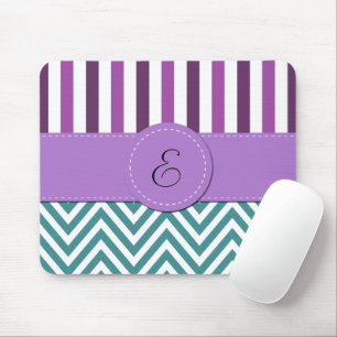 Blue Zigzag, Chevron, Purple Stripes, Monogram Mouse Pad