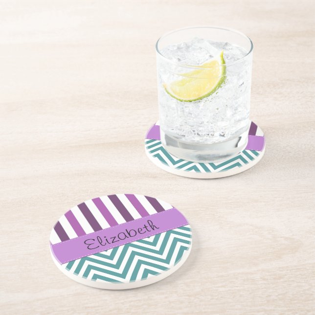 Blue Zigzag, Chevron, Purple Stripes, Your Name Coaster (Side)