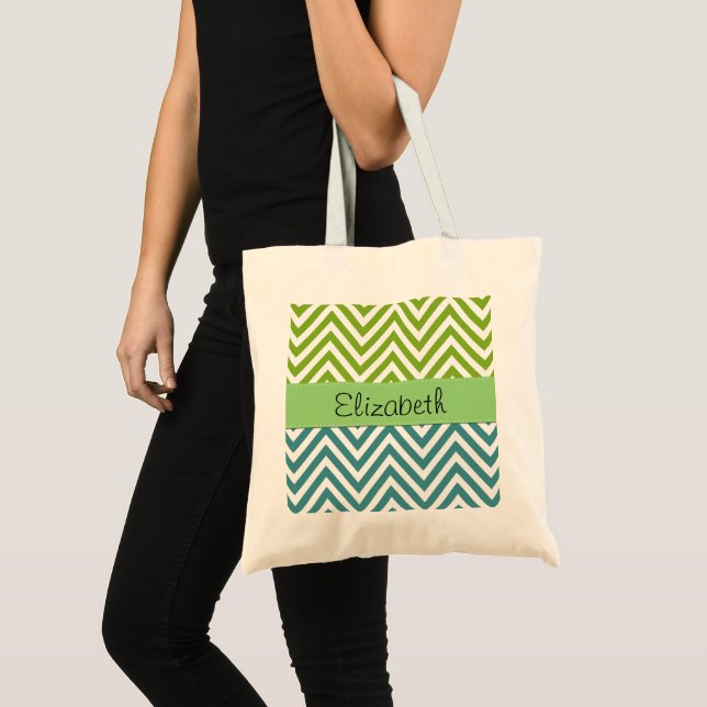 Blue Zigzag, Green Zigzag, Chevron, Your Name Tote Bag (Front (Product))