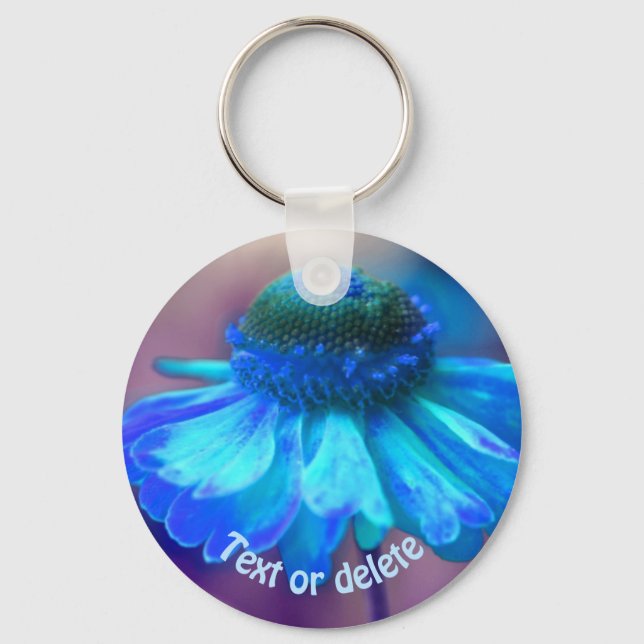 Blue Zinnia Flower Personalised Key Ring (Front)