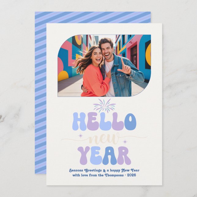 Bluebell Dream Hello New Year Blue Retro Photo Holiday Card (Front/Back)