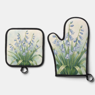 Bluebell Flowers Botanical Watercolor Oven Mitt & Pot Holder Set