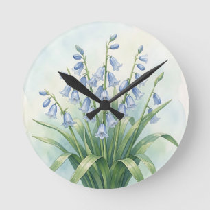 Bluebell Flowers Botanical Watercolor Round Clock