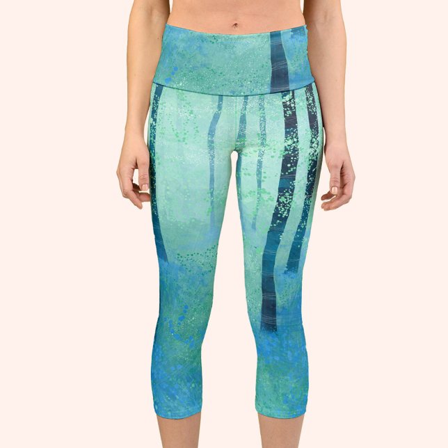 Bluebell Forest Capri Leggings (Bluebell forest abstract blue green capri yoga leggings pants)