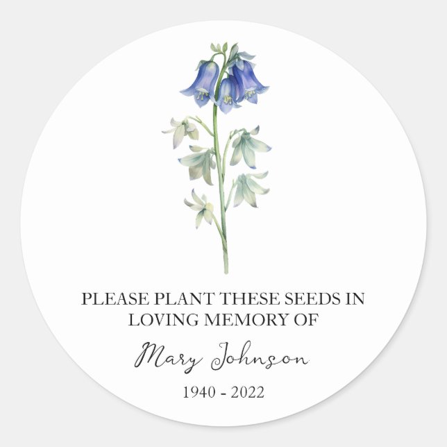 Bluebell Memorial Funeral Seed Packet Classic Round Sticker (Front)