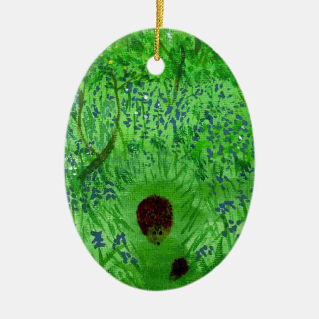 Bluebell Wood with Hedgehogs Ceramic Tree Decoration (Front)