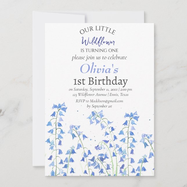 Bluebells 1st First Birthday Blue Floral  Invitation (Front)